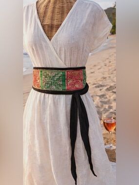 Vintage Hmong Paj Ntaub Obi Belt Boho Embroidered Wrap Money Belt